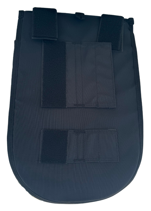 A black disc gold bag attachment with multiple Velcro strap closures, shown against a plain white background.