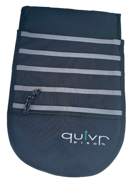 Quivr Disc Cart Bag front with ability to hold 6 disc golf discs. Zipper pocket for additional storage.